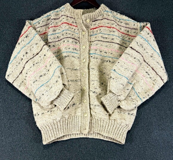 Willow Weavers Sweaters - Vintage Willow Weavers Ireland Wool Cardigan Sweater L Cream Striped Handwoven